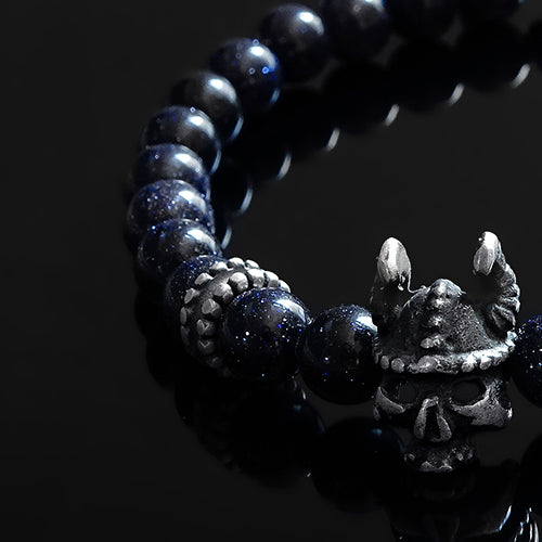 Men's Beaded Wristband Blue Sandstone with Silver Skull Bracelet Set Gift for Man
