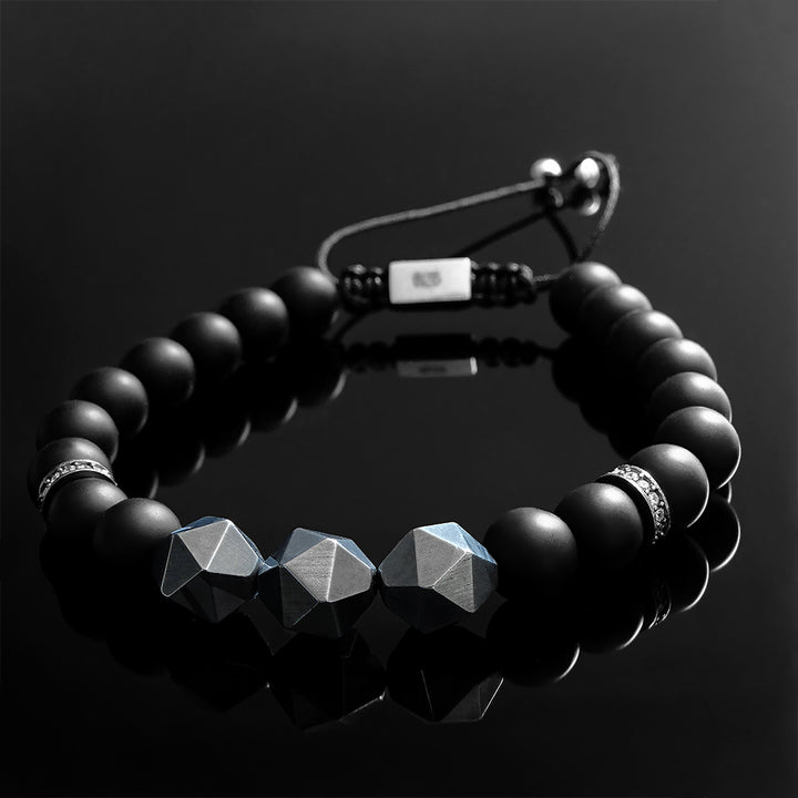 Matte Onyx Men's Black Bracelet with Faceted Titanium Hematite Beads