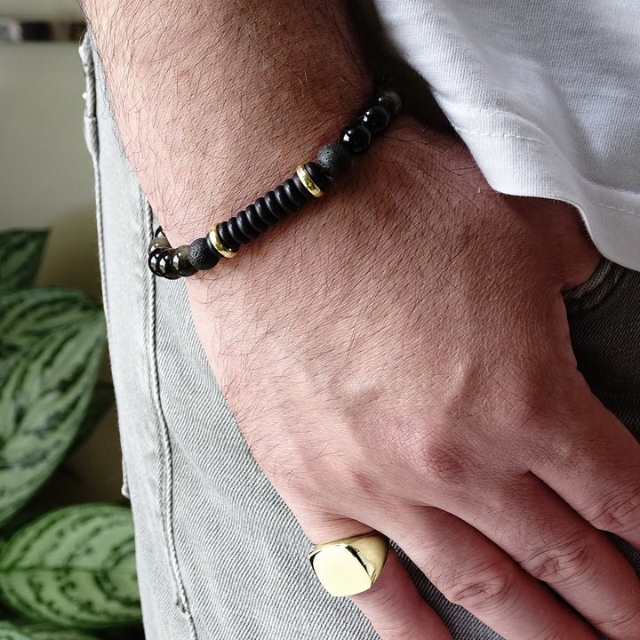 Golden Sheen Obsidian Men's Adjustable String Bracelet with Natural Round Gemstone Beads