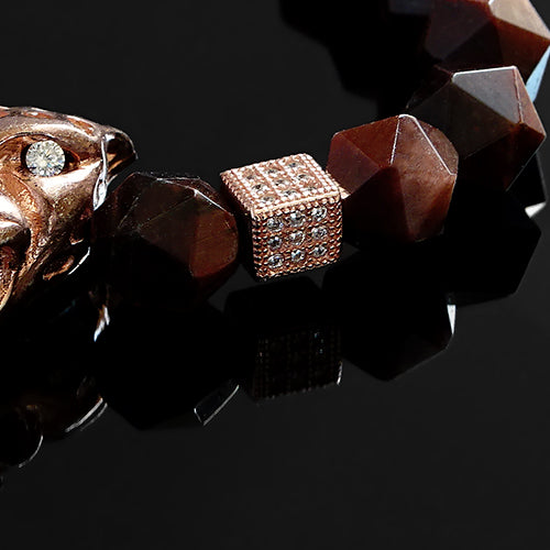 Tiger's Eye Bracelet for Man 925 Silver Jaguar and Natural Red Gemstone Faceted Beads 