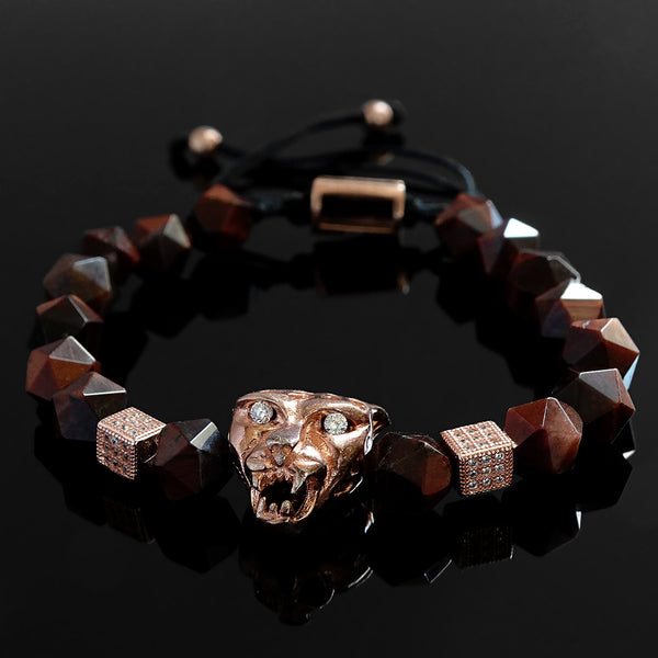 Tiger's Eye Bracelet for Man 925 Silver Jaguar and Natural Red Gemstone Faceted Beads 