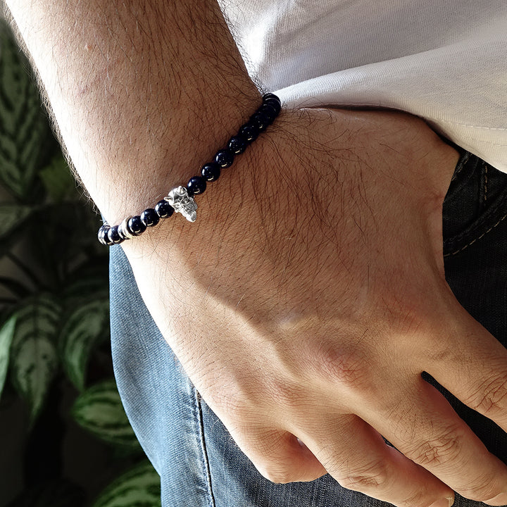 Blue Sandstone Wristband for Man 925 Silver Devil Bracelet Gift for Him