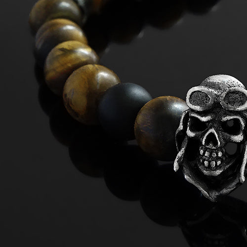 Silver Skull Men's Bracelet Natural Tiger's Eye with Solid 925 Sterling Silver Charm