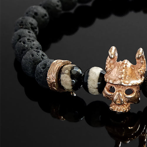 Bracelet for Man Black Lava Stones 6 mm with Rose Gold 925 Silver Skull