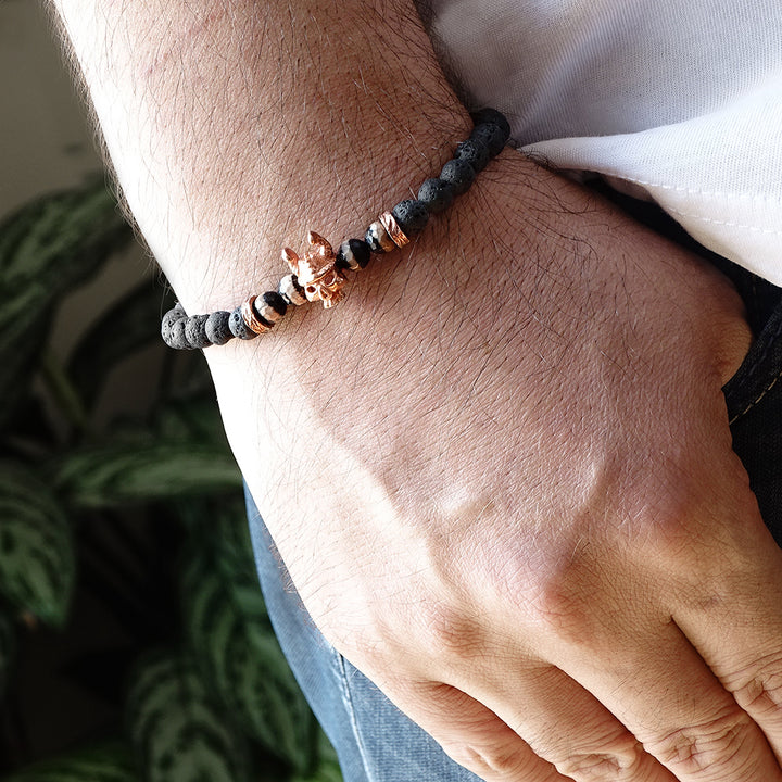 Bracelet for Man Black Lava Stones 6 mm with Rose Gold 925 Silver Skull