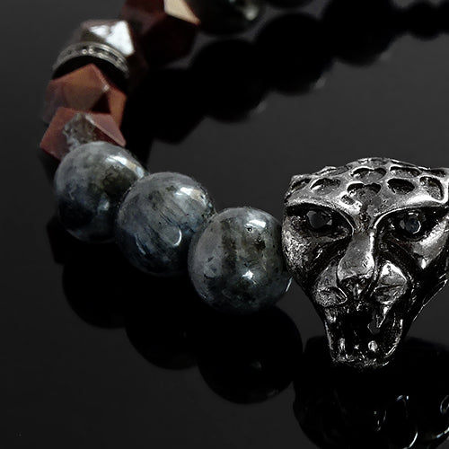 Natural Labradorite Men's Grey Bracelet 925 Silver Jaguar and Red Tiger's Eye Stones