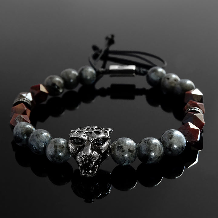 Natural Labradorite Men's Grey Bracelet 925 Silver Jaguar and Red Tiger's Eye Stones
