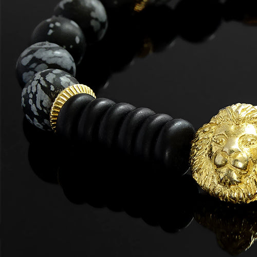 Men's Beaded Bracelet Snowflake Obsidian Gemstones with Silver Lion Charm Yellow Gold Plated