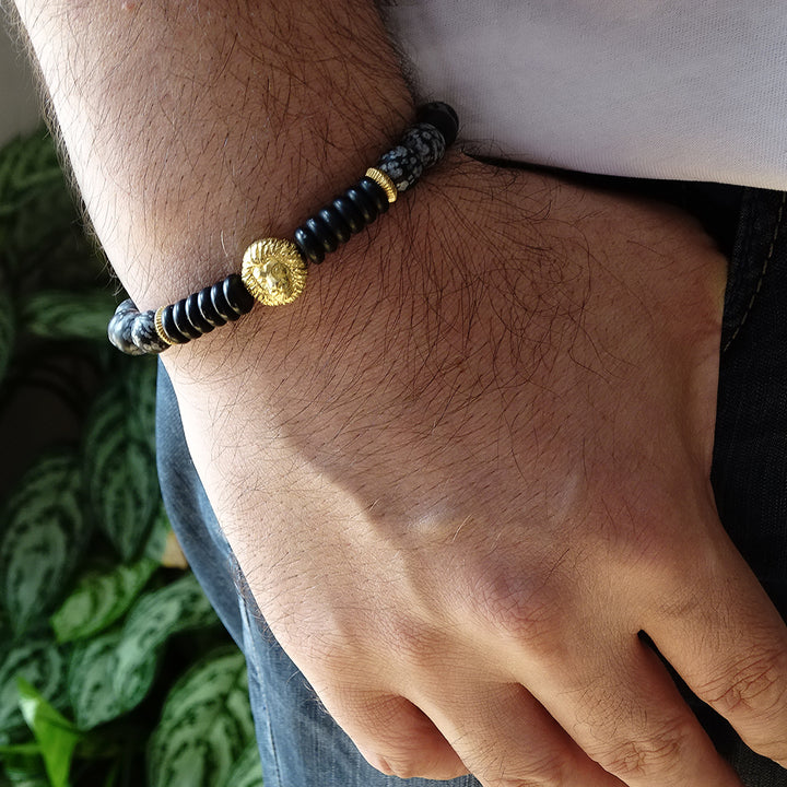 Men's Beaded Bracelet Snowflake Obsidian Gemstones with Silver Lion Charm Yellow Gold Plated
