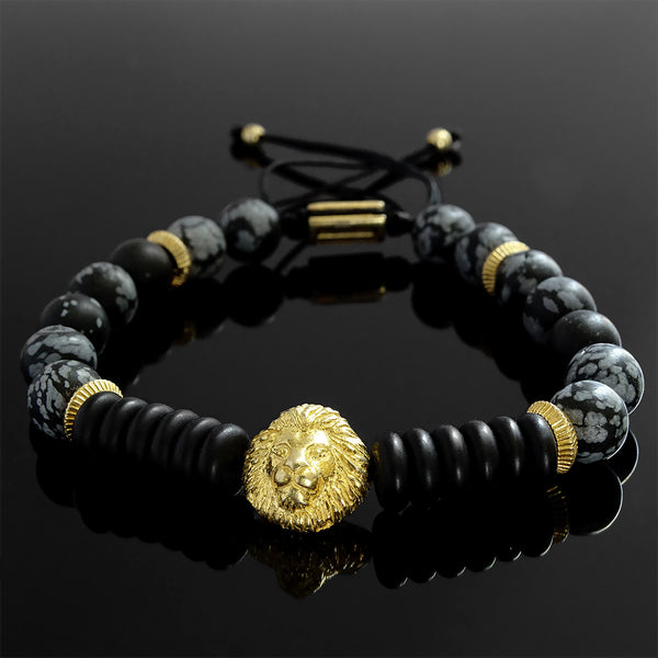 Men s Beaded Bracelet Snowflake Obsidian Gemstones with Silver
