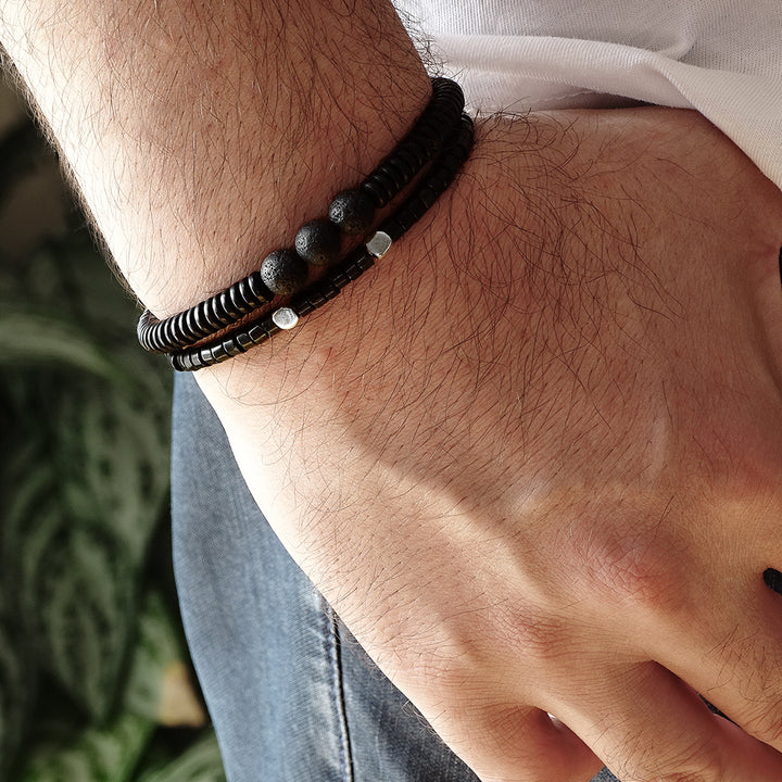 Set of 2 Men's String Bracelets  Black Round Lava Stones with Wooden Beads