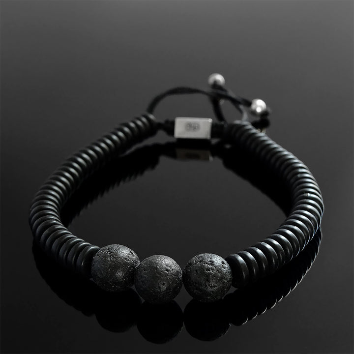 Set of 2 Men's String Bracelets  Black Round Lava Stones with Wooden Beads
