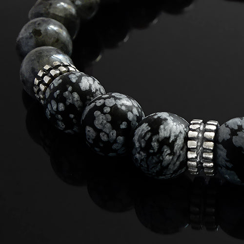 Man Bracelet Stack Set of 2 Natural Snowflake Obsidian with Onyx Skull Stretch Wristband 