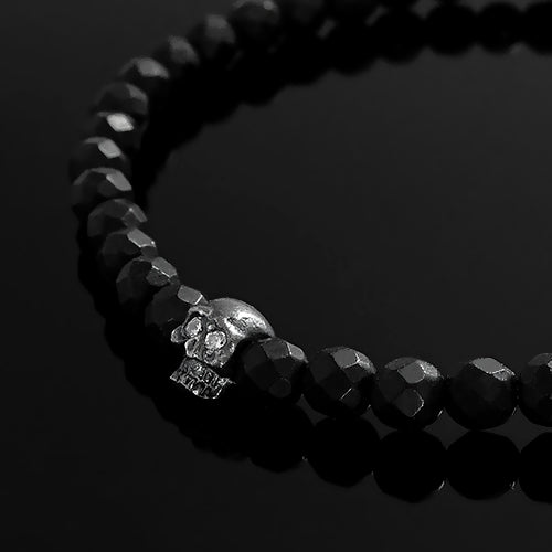 Man Bracelet Stack Set of 2 Natural Snowflake Obsidian with Onyx Skull Stretch Wristband 