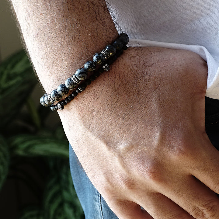 Man Bracelet Stack Set of 2 Natural Snowflake Obsidian with Onyx Skull Stretch Wristband 