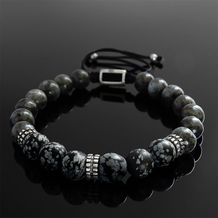 Man Bracelet Stack Set of 2 Natural Snowflake Obsidian with Onyx Skull Stretch Wristband 