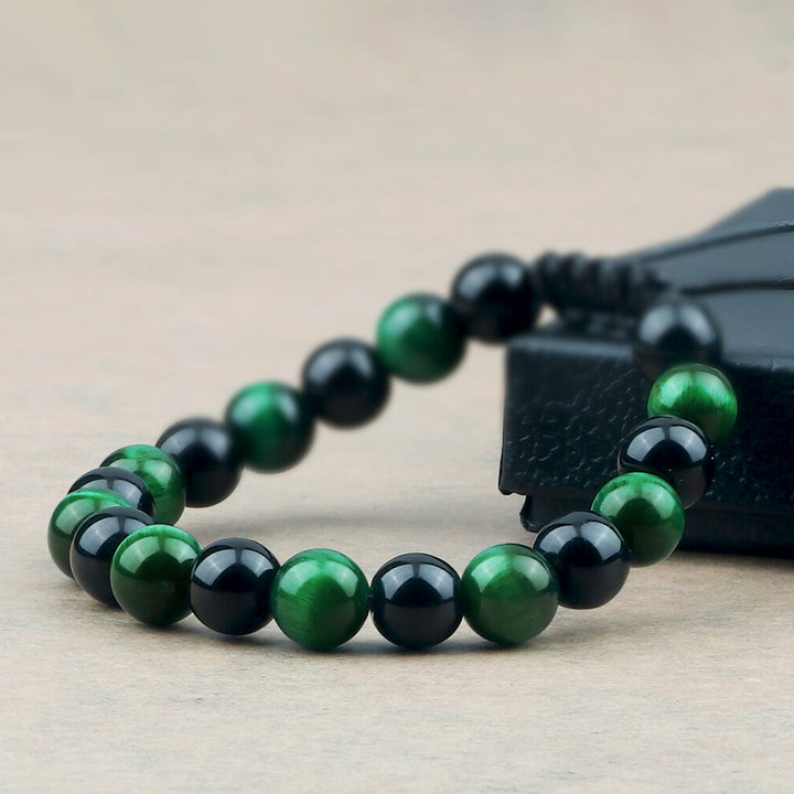 Luxury Men's Bracelet Set Natural Green Tiger Eye & Black Onyx Beads | JFM