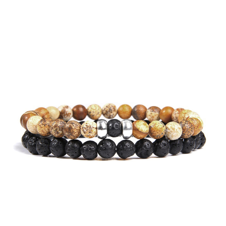 Men's Minimalistic Beaded Bracelet Set Natural Gemstones & Black Lava | JFM