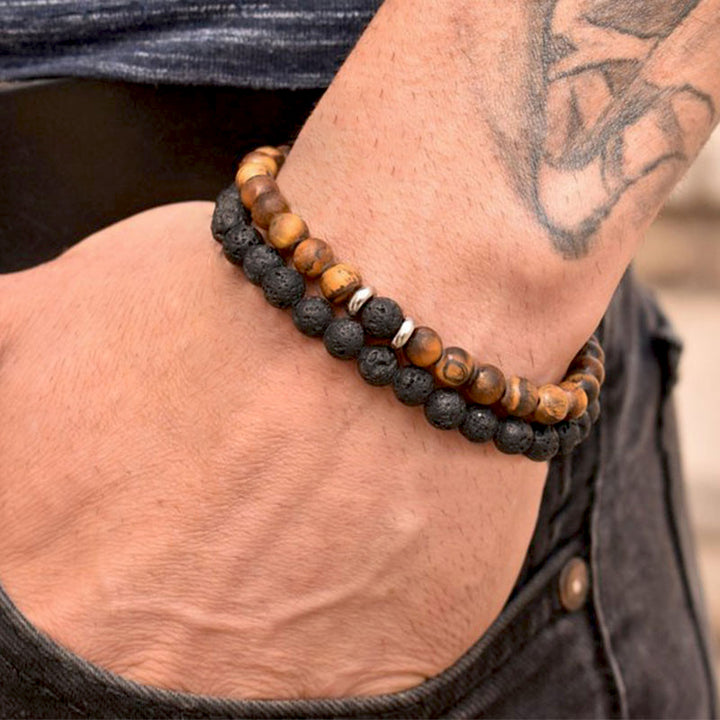 Men's Minimalistic Beaded Bracelet Set Natural Gemstones & Black Lava | JFM