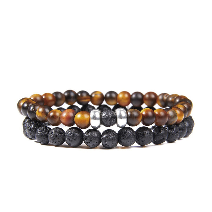 Men's Minimalistic Beaded Bracelet Set Natural Gemstones & Black Lava | JFM