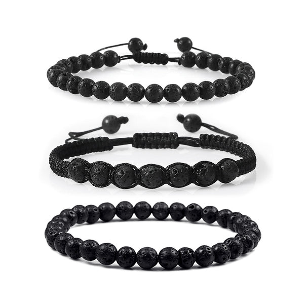 Macrame Bracelet Set Black Lava Rock Handmade Men's Wrist Accessory| JFM