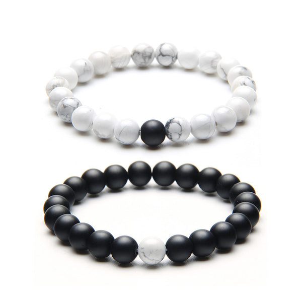 Mens Onyx Bracelet Stack with White Howlite Stone Beads Gift for Him | JFM