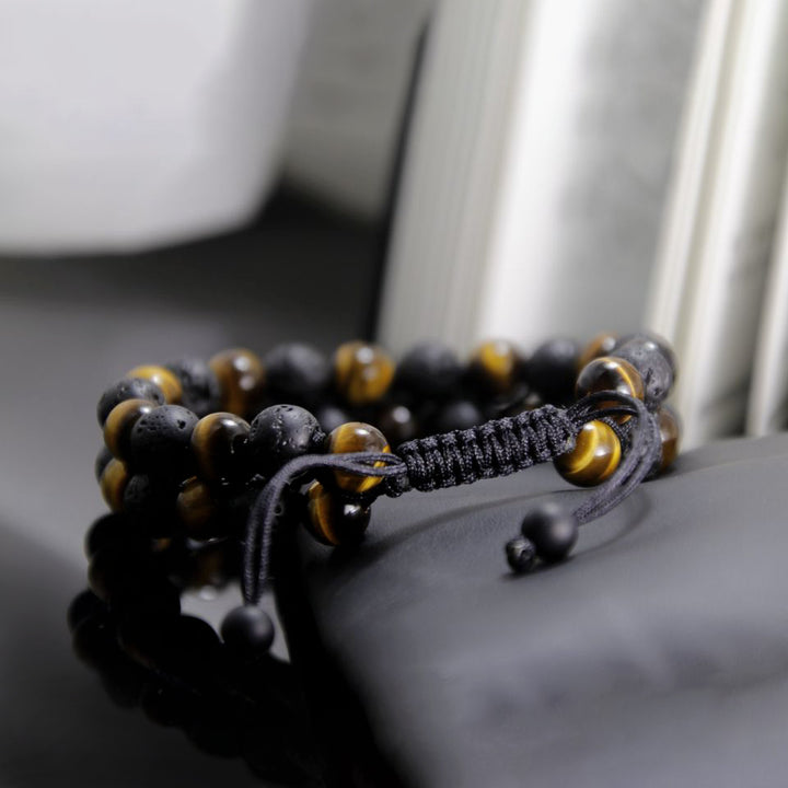 Men's Braided Bracelet Double Bead Strand Black Lava & Tiger Eye | JFM