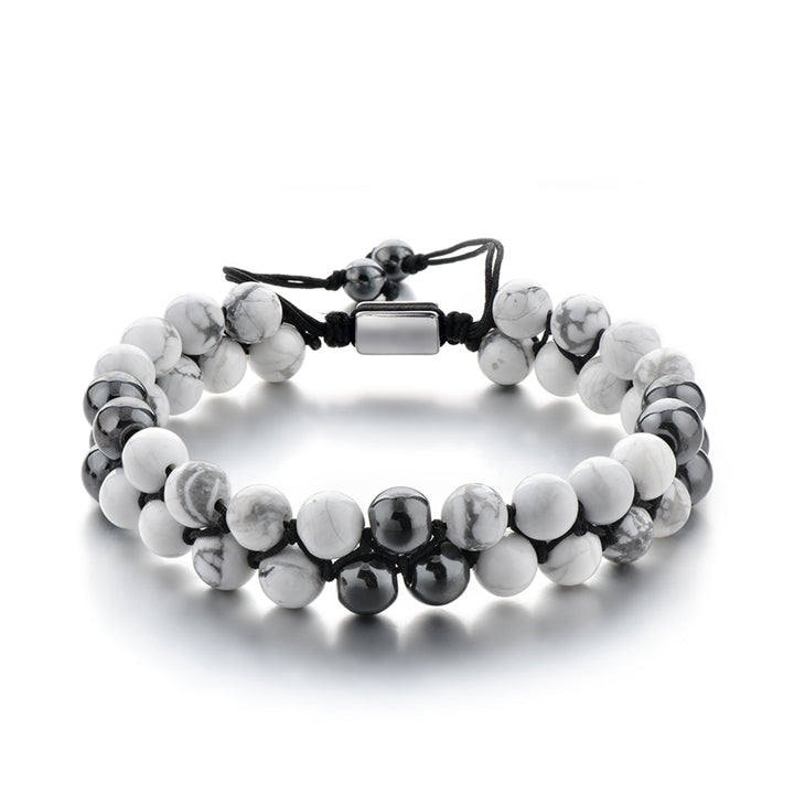 White Stone Beaded Bracelet Double Row Adjustable Men's Bangle | JFM