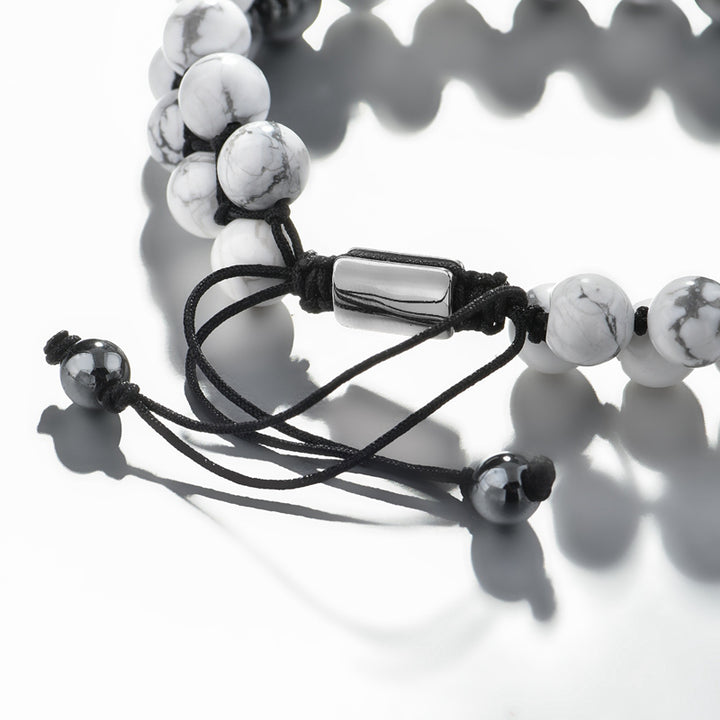 White Stone Beaded Bracelet Double Row Adjustable Men's Bangle | JFM