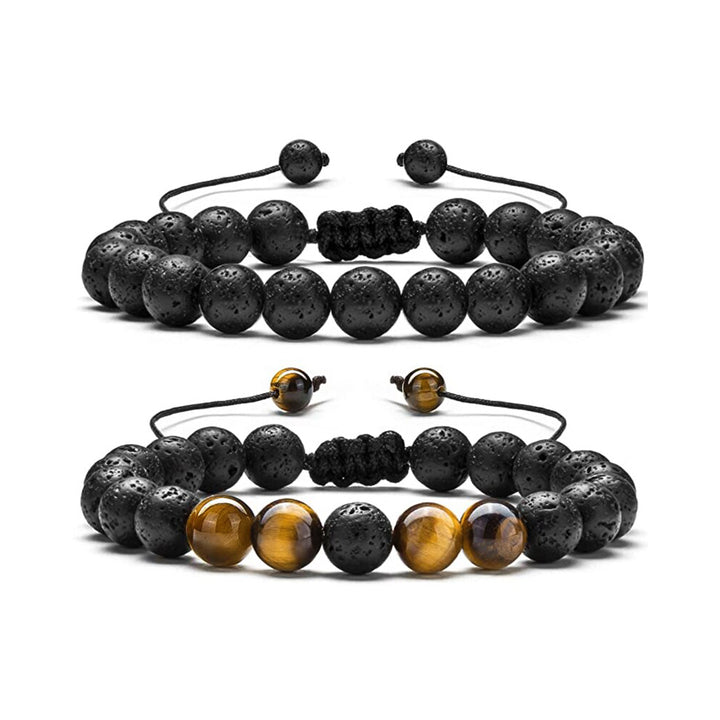 Adjustable Braided Bracelet Set Natural Tiger Eye & Black Lava Stones | JFM
