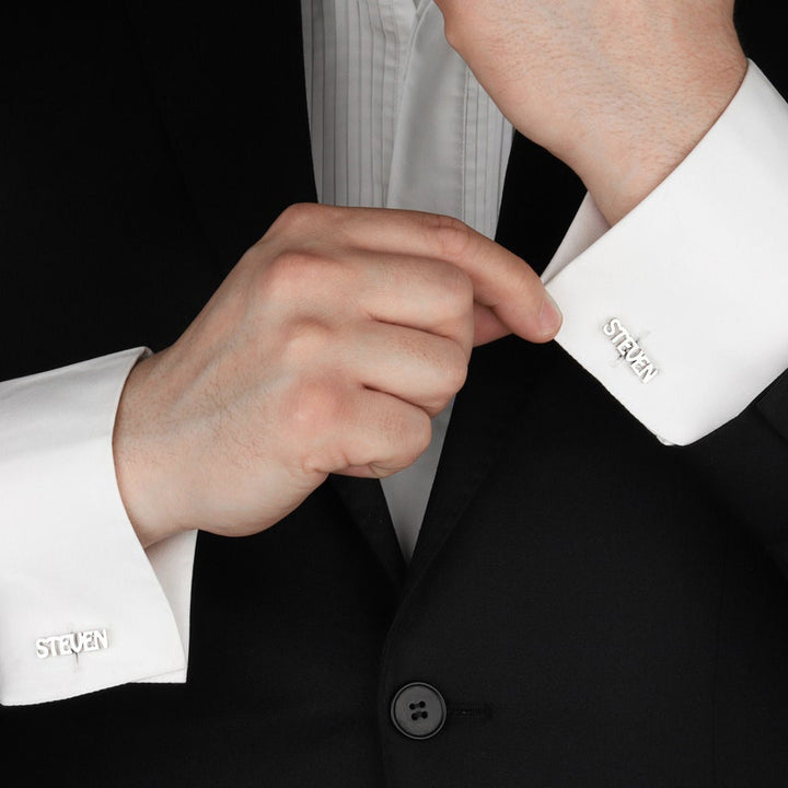 Cufflink Set for Him Personalized Name Groomsman Wedding Gift Silver cufflinks