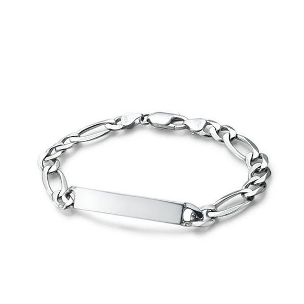 Figaro ID Bracelet for Men Personalized Engrave Gift Solid Silver Chain