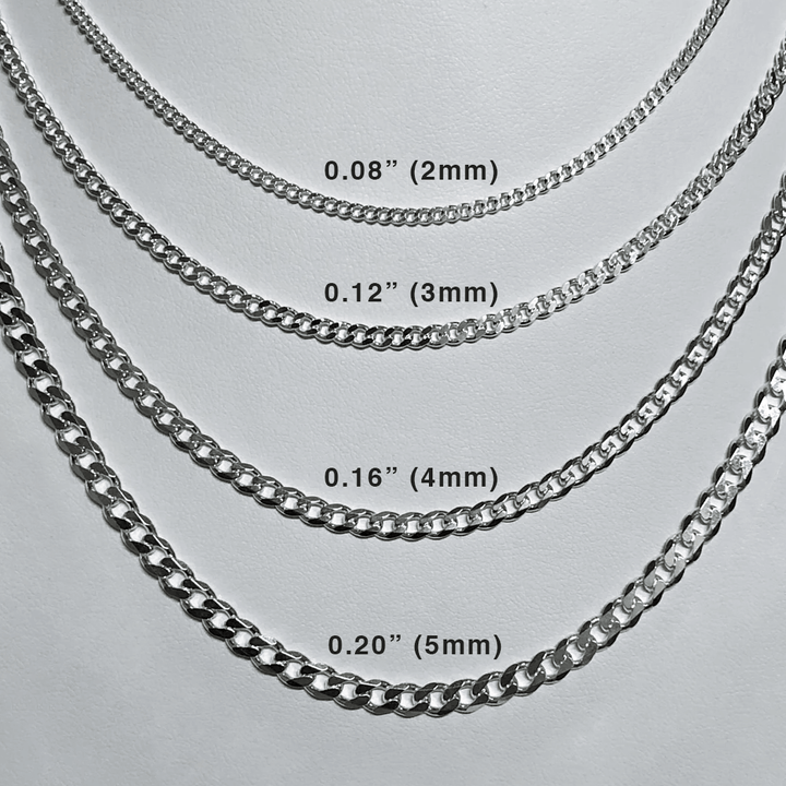 Display of sterling silver curb chain necklace widths: 0.08" to 0.20" with measurements on a light background.