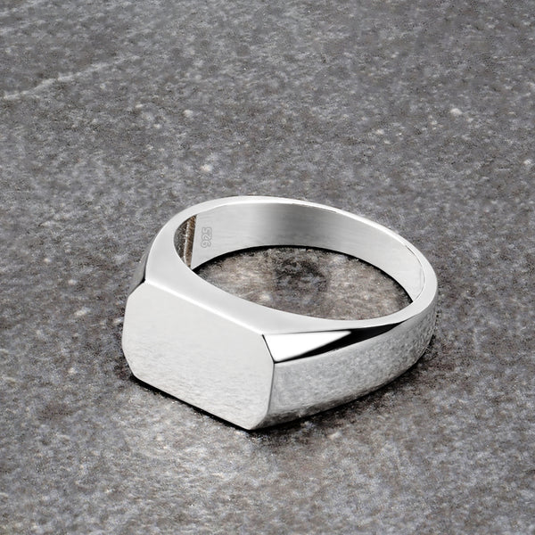 Long Rectangle Plain Flat Signet Ring for Man in 925 Sterling Silver