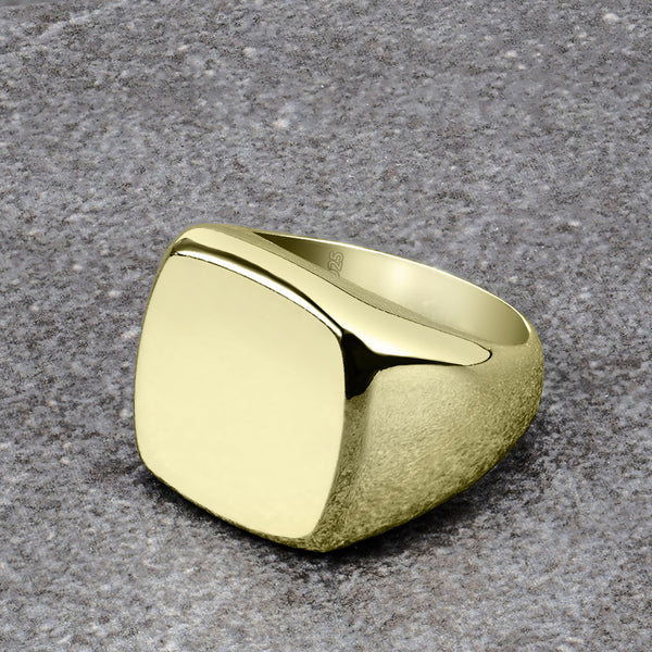 Classic Plain Polished Square Signet Ring Band for Men 18ct Gold Plated