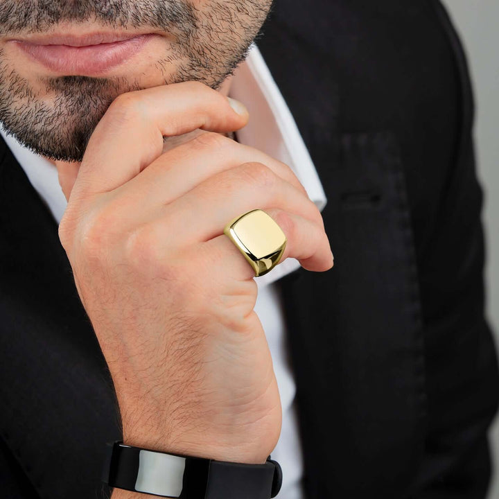 Classic Plain Polished Square Signet Ring Band for Men 18ct Gold Plated