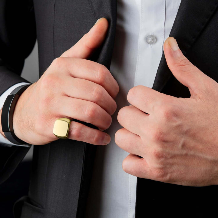 Classic Plain Polished Square Signet Ring Band for Men 18ct Gold Plated