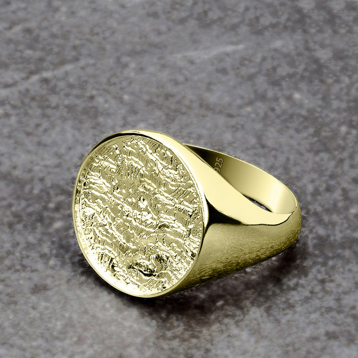 Gold Plated Yellow Round Signet Ring 925 Silver Simple Male Band