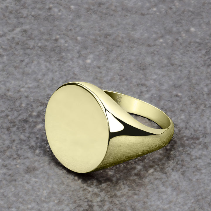 Simple Signet Ring Gold Plated 925 Silver Round Plain Band for Men 