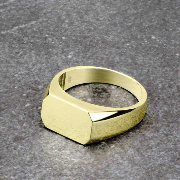 High Quality Yellow Gold Plated Men's Signet Ring 925 Silver Rectangular Plain Band