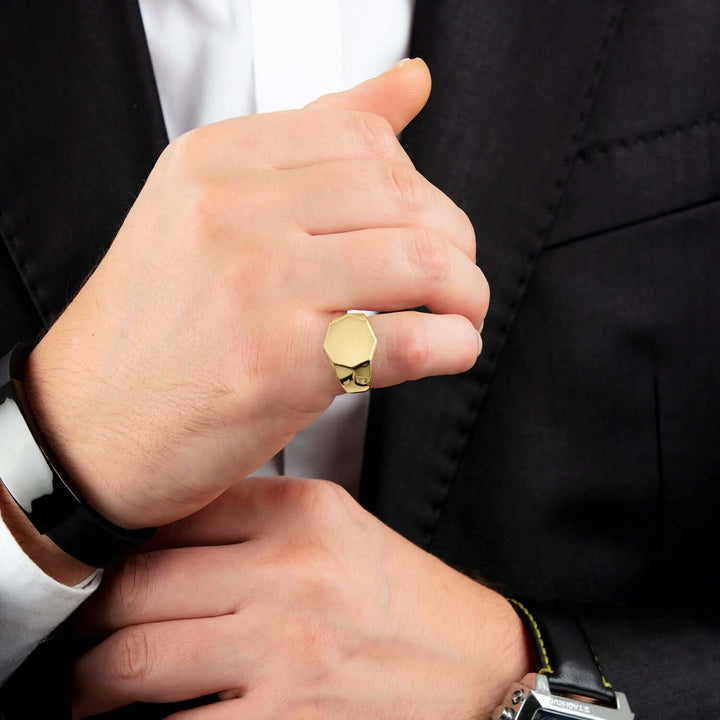 Yellow Gold Plated Men's Pinky Ring Silver Hexagon Signet Jewelry