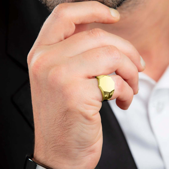 Yellow Gold Plated Men’s Pinky Ring Silver Hexagon Signet Jewelry