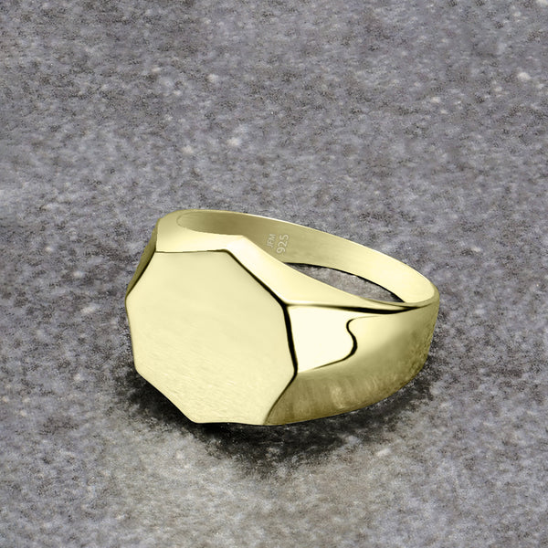 Yellow Gold Plated Men's Pinky Ring Silver Hexagon Signet Jewelry