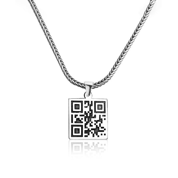 QR Code Silver Necklace Men's Personalized Pendant with Chain 20" to 27"