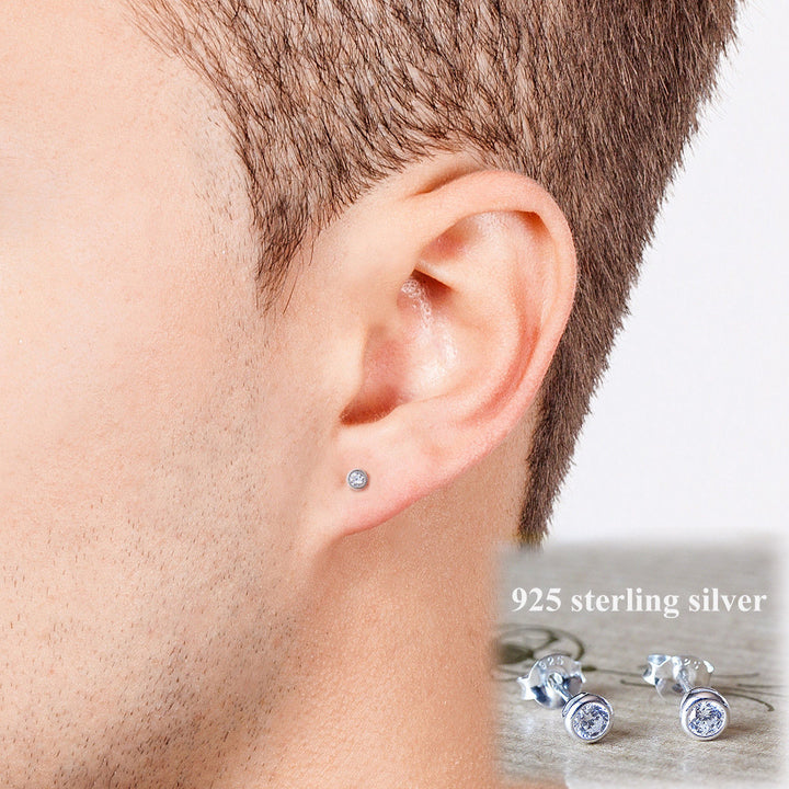 New 925k Sterling Silver Mens Small Stud Earrings with CZ 1 Pair or 1 pc