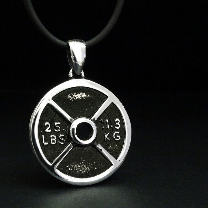 Mens Sport Dumbbell Necklace 925 SILVER Bodybuilding Gym Weight Plate Jewelry