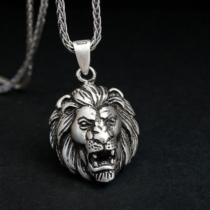 Lion Head Necklace S925 Silver 25.5" Wheat Link Chain Lion Zodiac Modern Jewelry