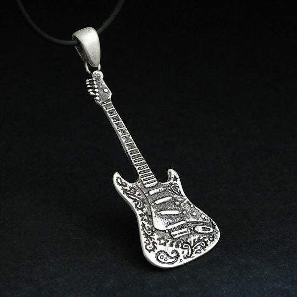 Sterling Silver Guitar Pendant Necklace, Music Jewelry Electric Guitar Gift