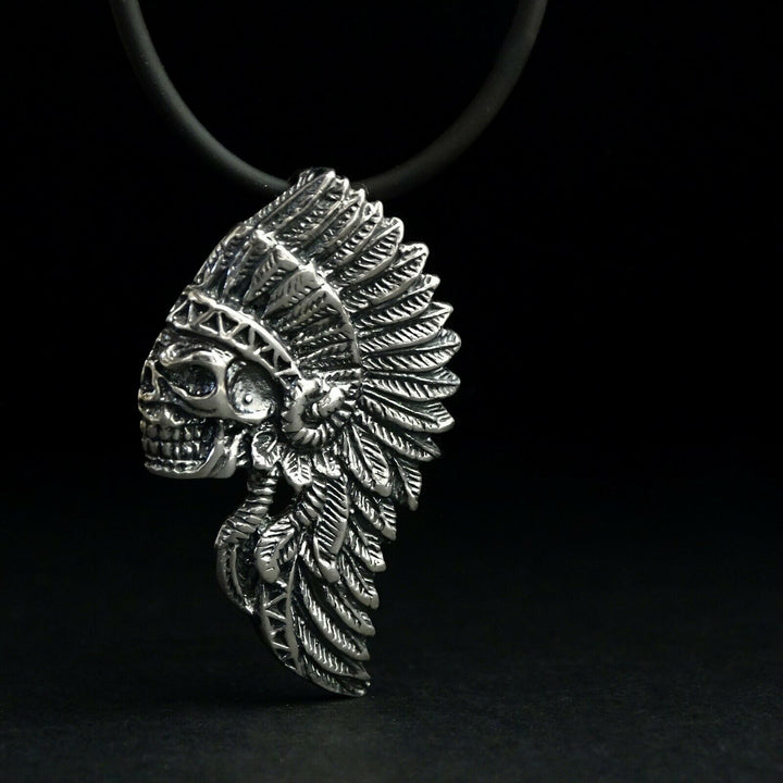 Tribal Indian Chief Skull Pendant SOLID 925 Silver Western Necklace for Man