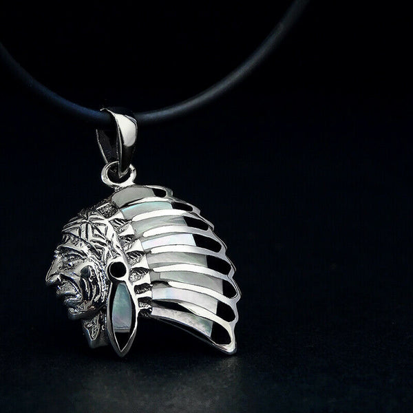 Indian Style Head Chief Necklace 925 Sterling Silver Mother of Pearl